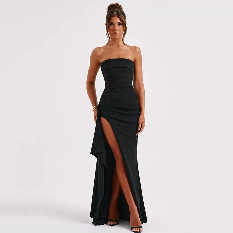 Black Off-shoulder Strapless Backless High Split Maxi Dress For Women Sleeveless Bodycon Club Party Evening Long Dress Clothes