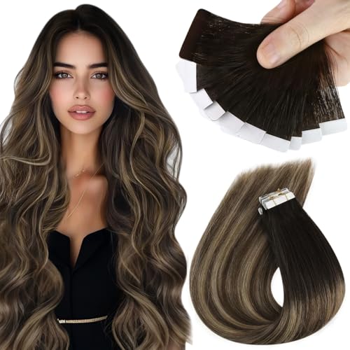 Sunny Hair Black Tape in Extensions Real Human Hair Ombre Tape in Real Human Hair Extensions Natural Black to Silver Grey Balayage Tape Human Hair Extensions Ombre Long Hair for Women 20pcs 50g 22inch