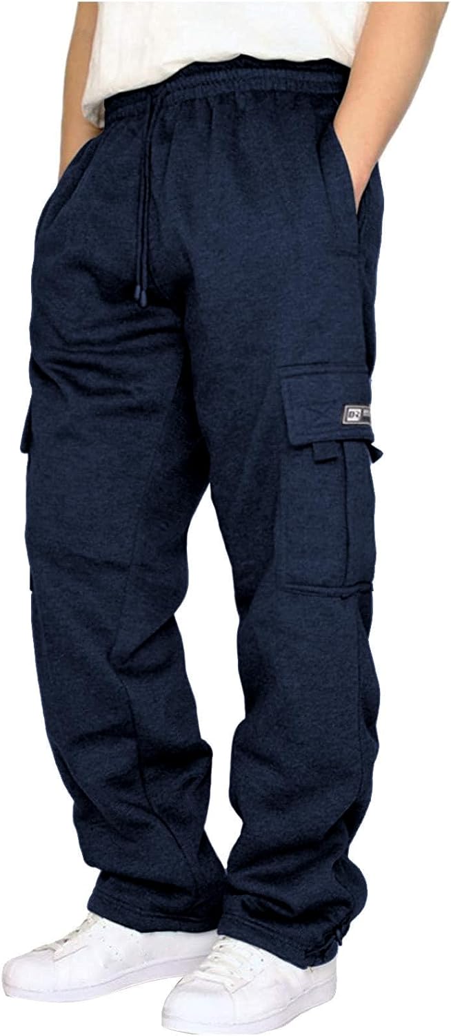 Men's Cargo Sweatpants Casual Fleece Joggers Loose Fit Open Bottom Athletic Pants for Men with Pockets