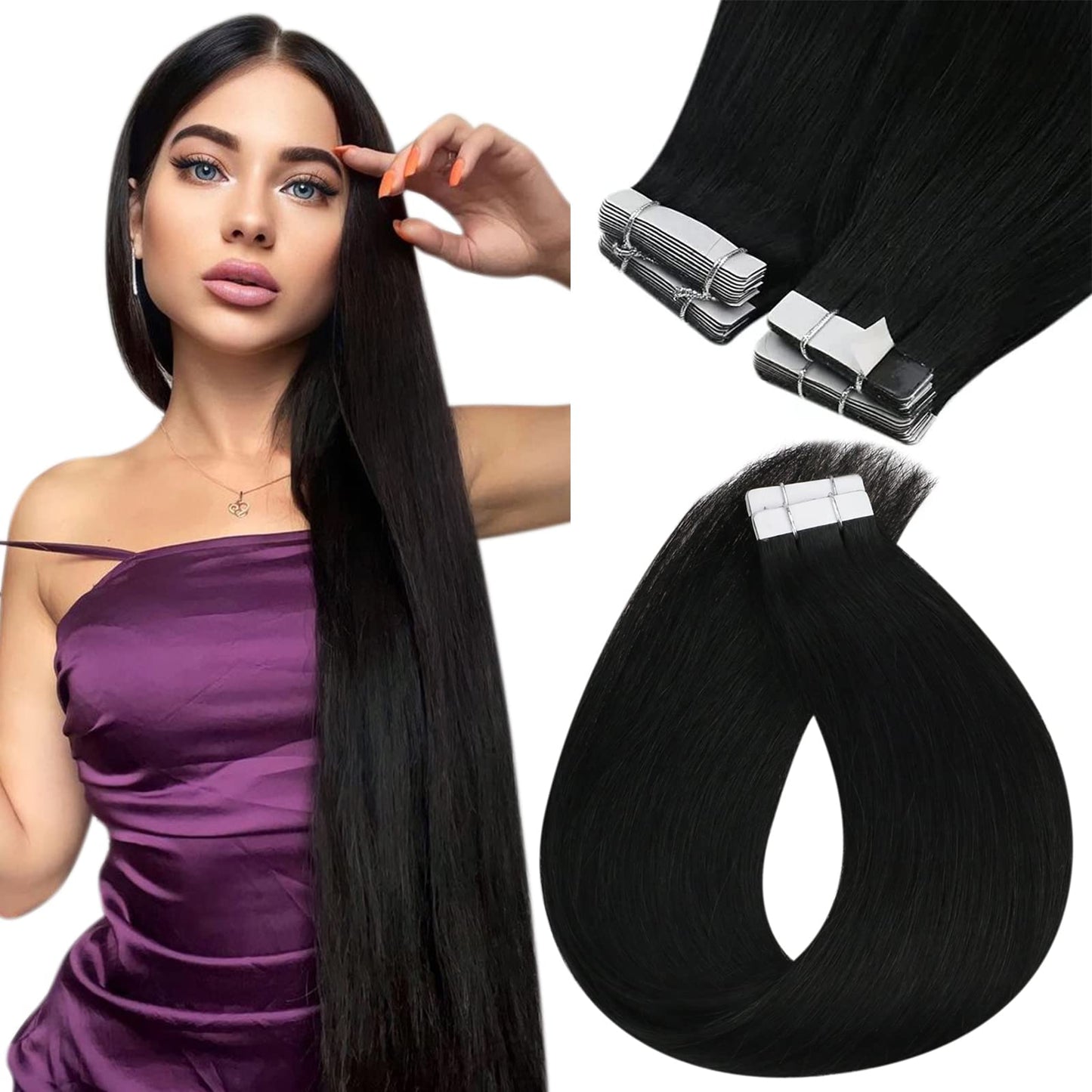 Sunny Hair Black Tape in Extensions Real Human Hair Ombre Tape in Real Human Hair Extensions Natural Black to Silver Grey Balayage Tape Human Hair Extensions Ombre Long Hair for Women 20pcs 50g 22inch