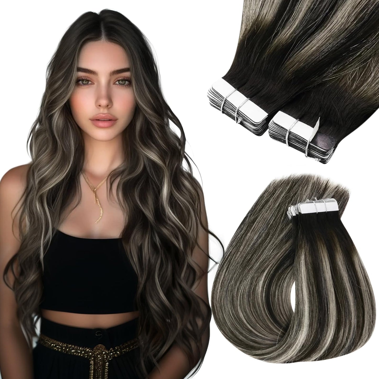 Sunny Hair Black Tape in Extensions Real Human Hair Ombre Tape in Real Human Hair Extensions Natural Black to Silver Grey Balayage Tape Human Hair Extensions Ombre Long Hair for Women 20pcs 50g 22inch