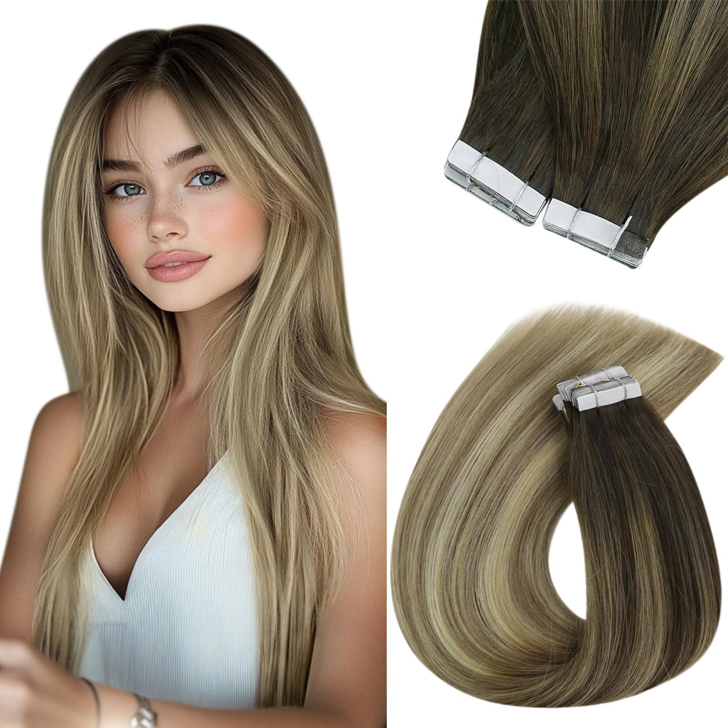 Sunny Hair Black Tape in Extensions Real Human Hair Ombre Tape in Real Human Hair Extensions Natural Black to Silver Grey Balayage Tape Human Hair Extensions Ombre Long Hair for Women 20pcs 50g 22inch