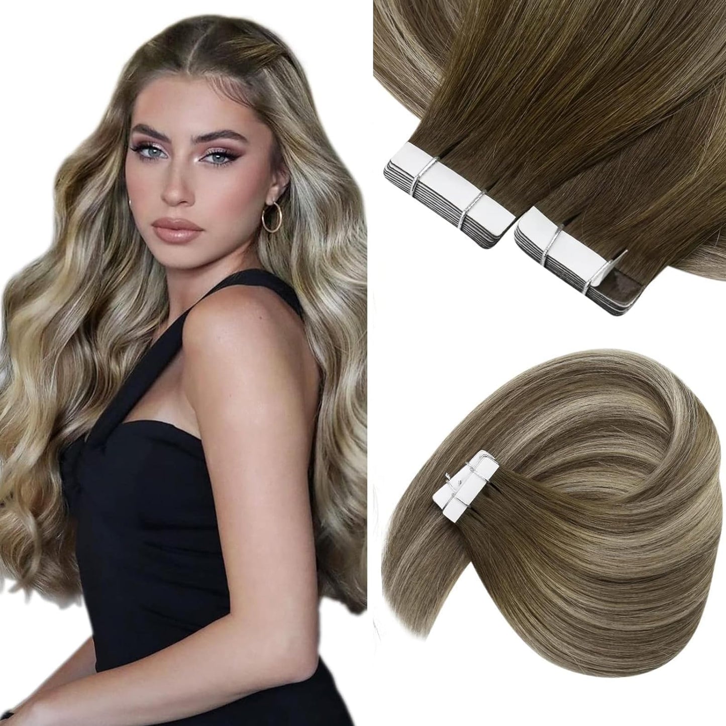 Sunny Hair Black Tape in Extensions Real Human Hair Ombre Tape in Real Human Hair Extensions Natural Black to Silver Grey Balayage Tape Human Hair Extensions Ombre Long Hair for Women 20pcs 50g 22inch