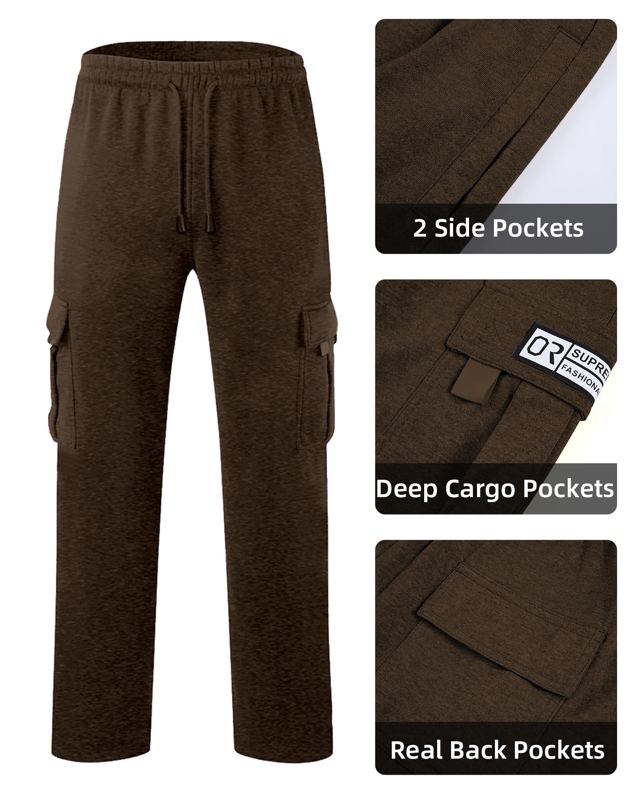 Men's Cargo Sweatpants Casual Fleece Joggers Loose Fit Open Bottom Athletic Pants for Men with Pockets