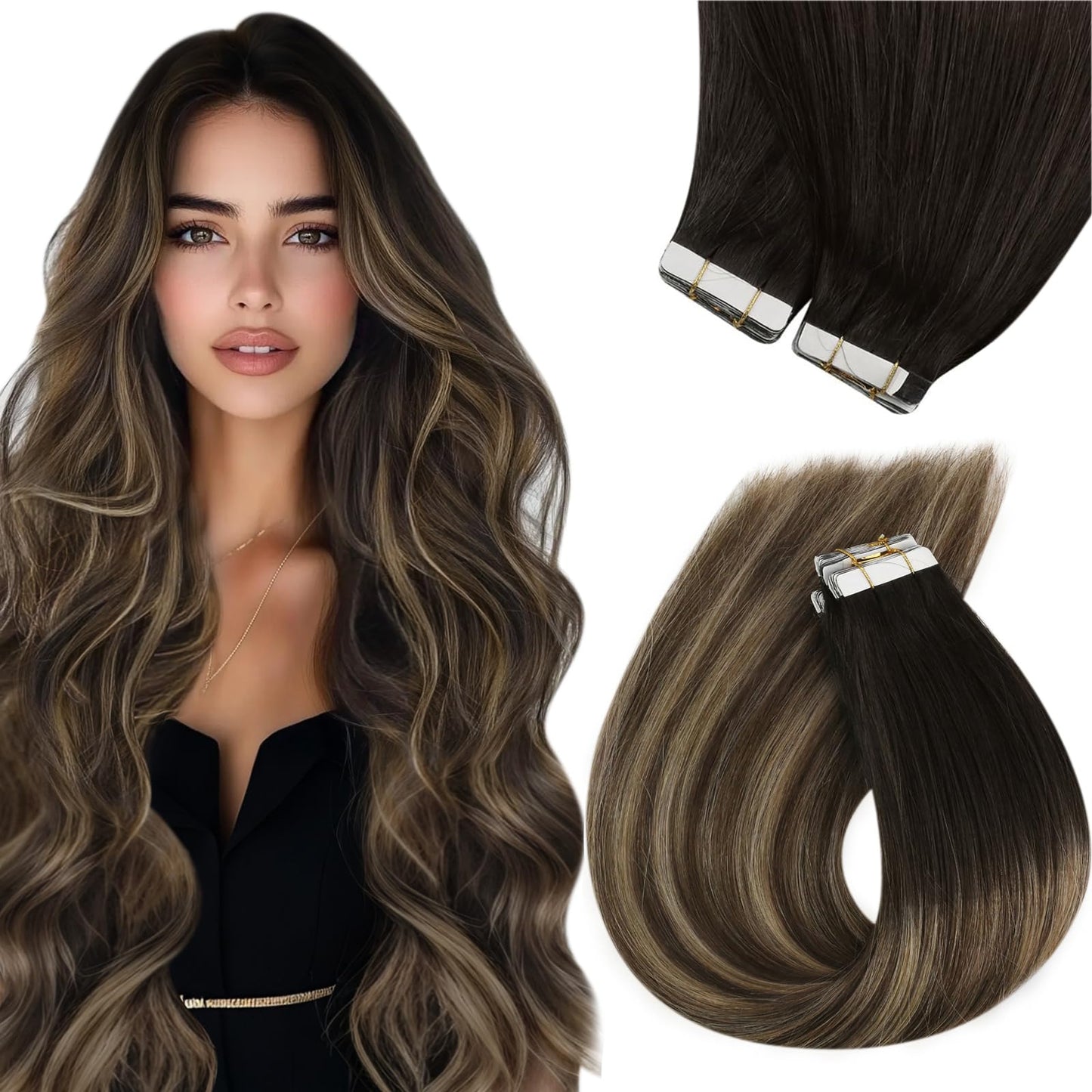 Sunny Hair Black Tape in Extensions Real Human Hair Ombre Tape in Real Human Hair Extensions Natural Black to Silver Grey Balayage Tape Human Hair Extensions Ombre Long Hair for Women 20pcs 50g 22inch