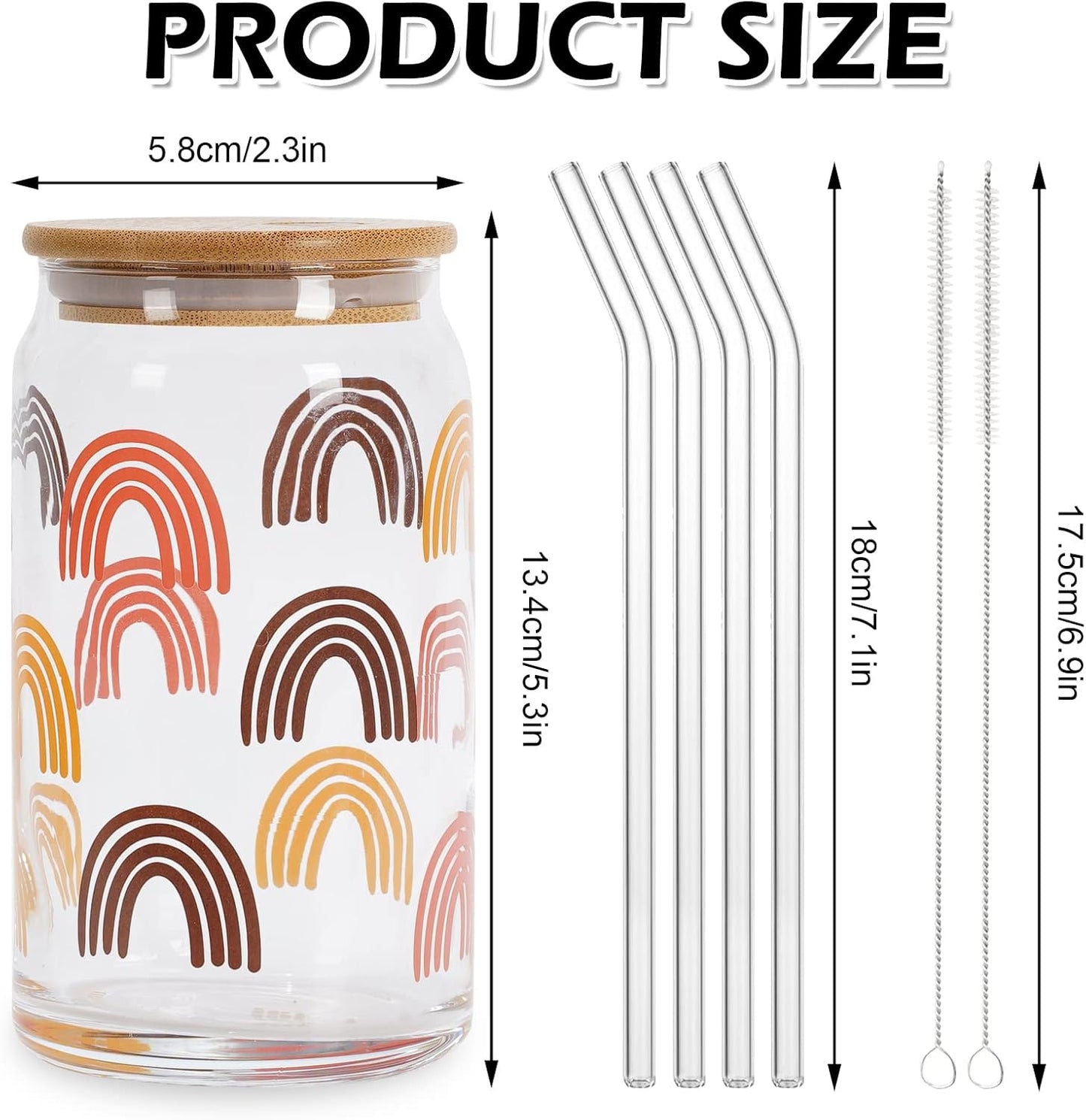 Whaline 4Pcs Boho Ice Coffee Cup with Bamboo Lids and Straws, 16oz Retro Groovy Drinking Glasses Rainbow Face Flower Beer Can Shaped Glass Cup for Soda Cocktail Whiskey Coffee Tea Water Wine