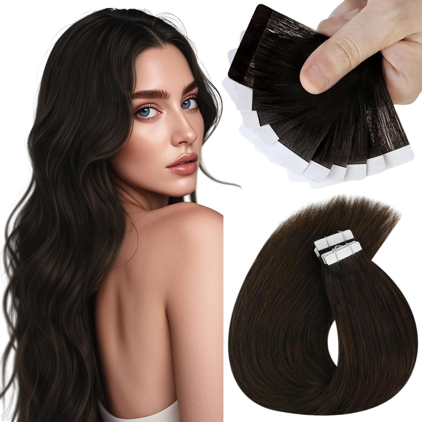 Sunny Hair Black Tape in Extensions Real Human Hair Ombre Tape in Real Human Hair Extensions Natural Black to Silver Grey Balayage Tape Human Hair Extensions Ombre Long Hair for Women 20pcs 50g 22inch