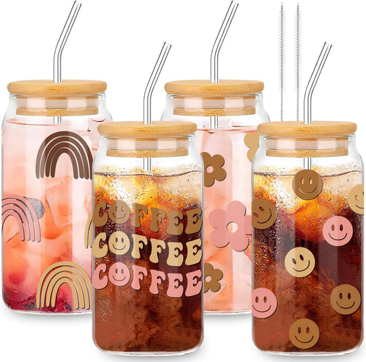 Whaline 4Pcs Boho Ice Coffee Cup with Bamboo Lids and Straws, 16oz Retro Groovy Drinking Glasses Rainbow Face Flower Beer Can Shaped Glass Cup for Soda Cocktail Whiskey Coffee Tea Water Wine