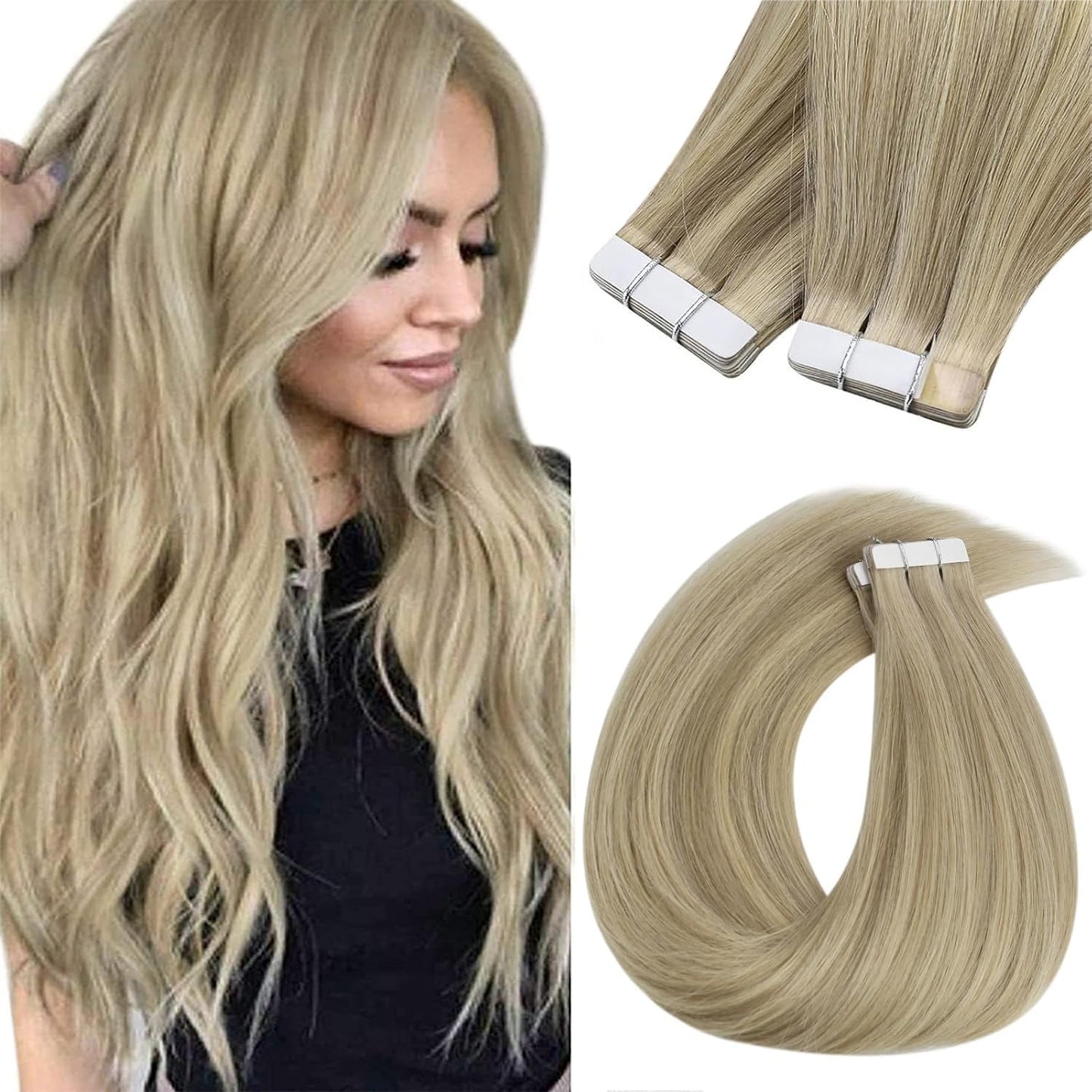 Sunny Hair Black Tape in Extensions Real Human Hair Ombre Tape in Real Human Hair Extensions Natural Black to Silver Grey Balayage Tape Human Hair Extensions Ombre Long Hair for Women 20pcs 50g 22inch