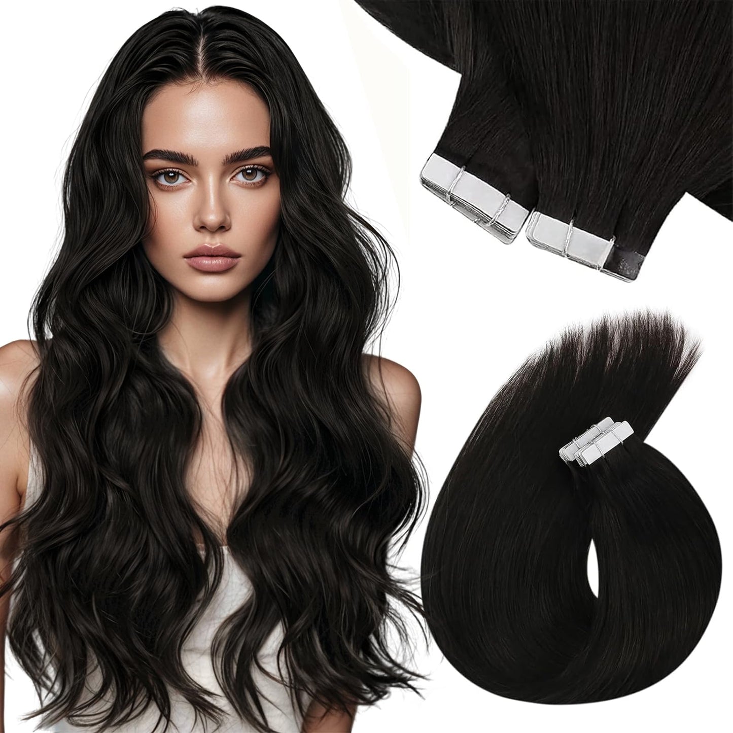 Sunny Hair Black Tape in Extensions Real Human Hair Ombre Tape in Real Human Hair Extensions Natural Black to Silver Grey Balayage Tape Human Hair Extensions Ombre Long Hair for Women 20pcs 50g 22inch