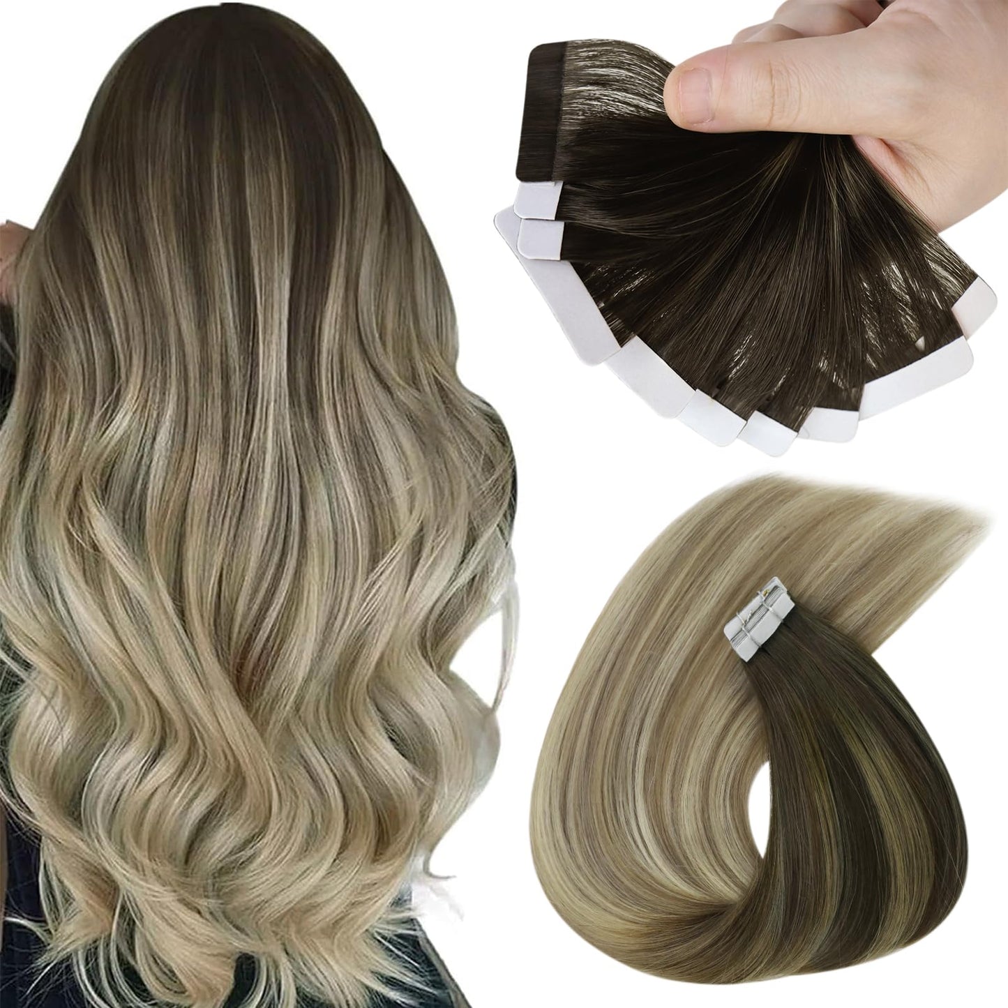 Sunny Hair Black Tape in Extensions Real Human Hair Ombre Tape in Real Human Hair Extensions Natural Black to Silver Grey Balayage Tape Human Hair Extensions Ombre Long Hair for Women 20pcs 50g 22inch