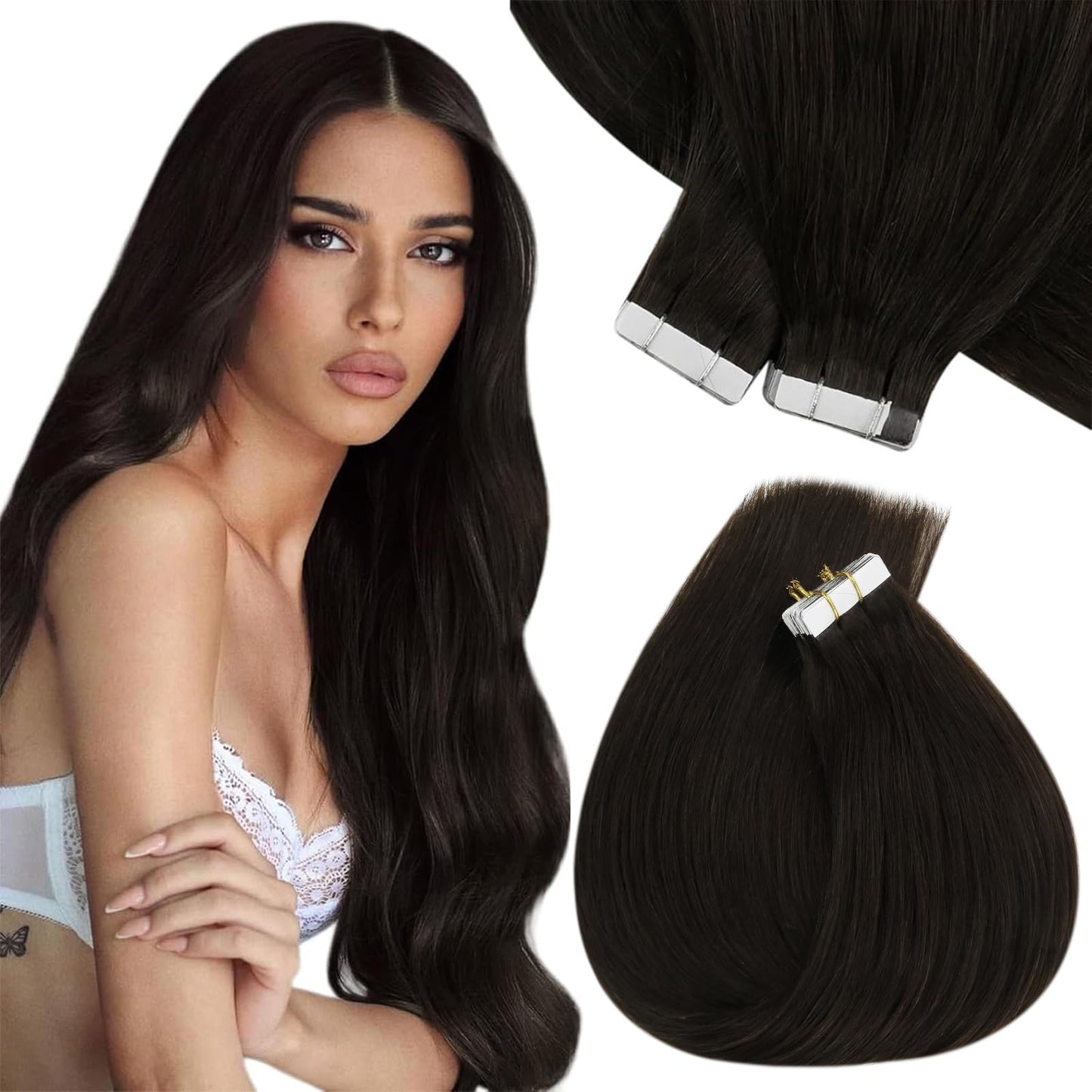 Sunny Hair Black Tape in Extensions Real Human Hair Ombre Tape in Real Human Hair Extensions Natural Black to Silver Grey Balayage Tape Human Hair Extensions Ombre Long Hair for Women 20pcs 50g 22inch