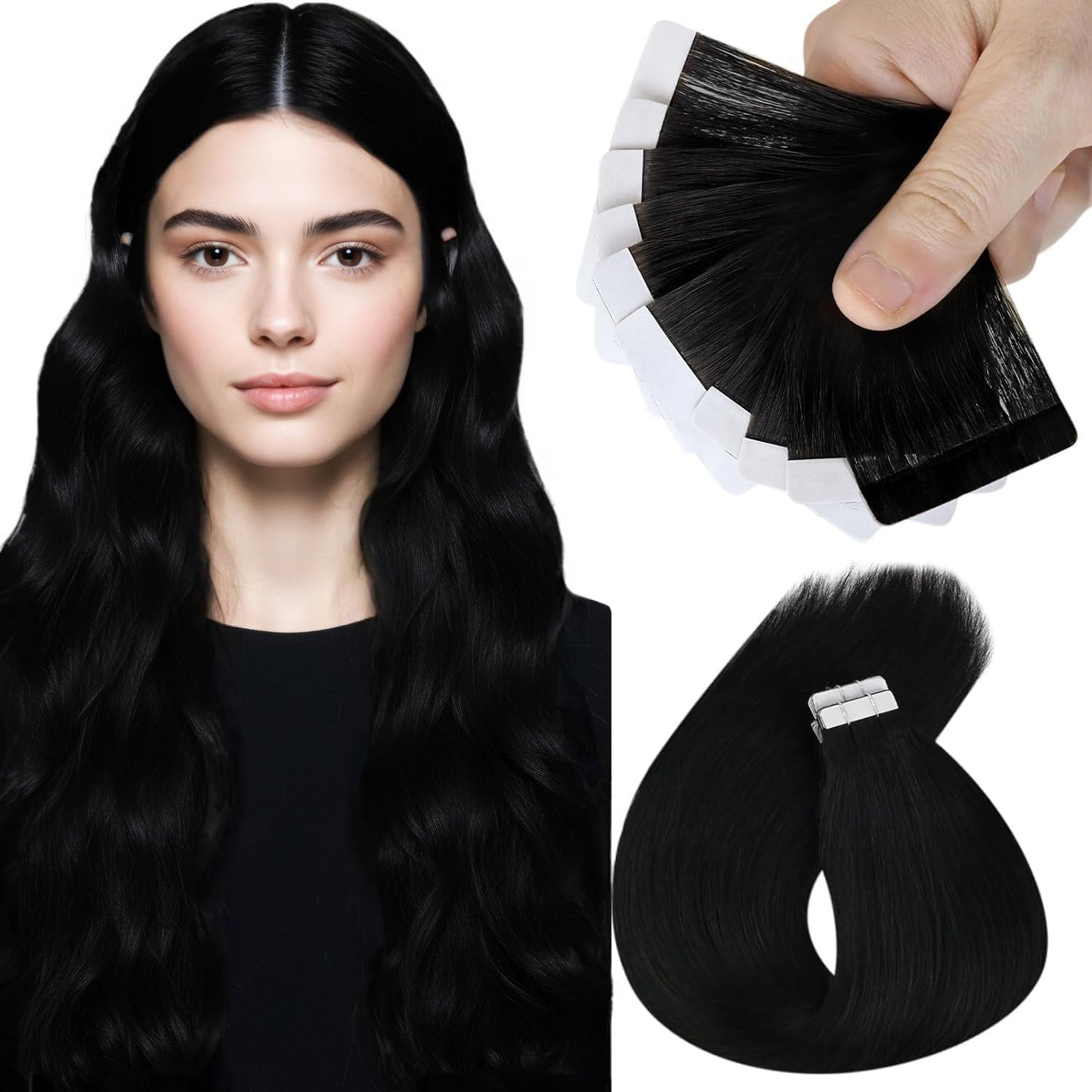 Sunny Hair Black Tape in Extensions Real Human Hair Ombre Tape in Real Human Hair Extensions Natural Black to Silver Grey Balayage Tape Human Hair Extensions Ombre Long Hair for Women 20pcs 50g 22inch