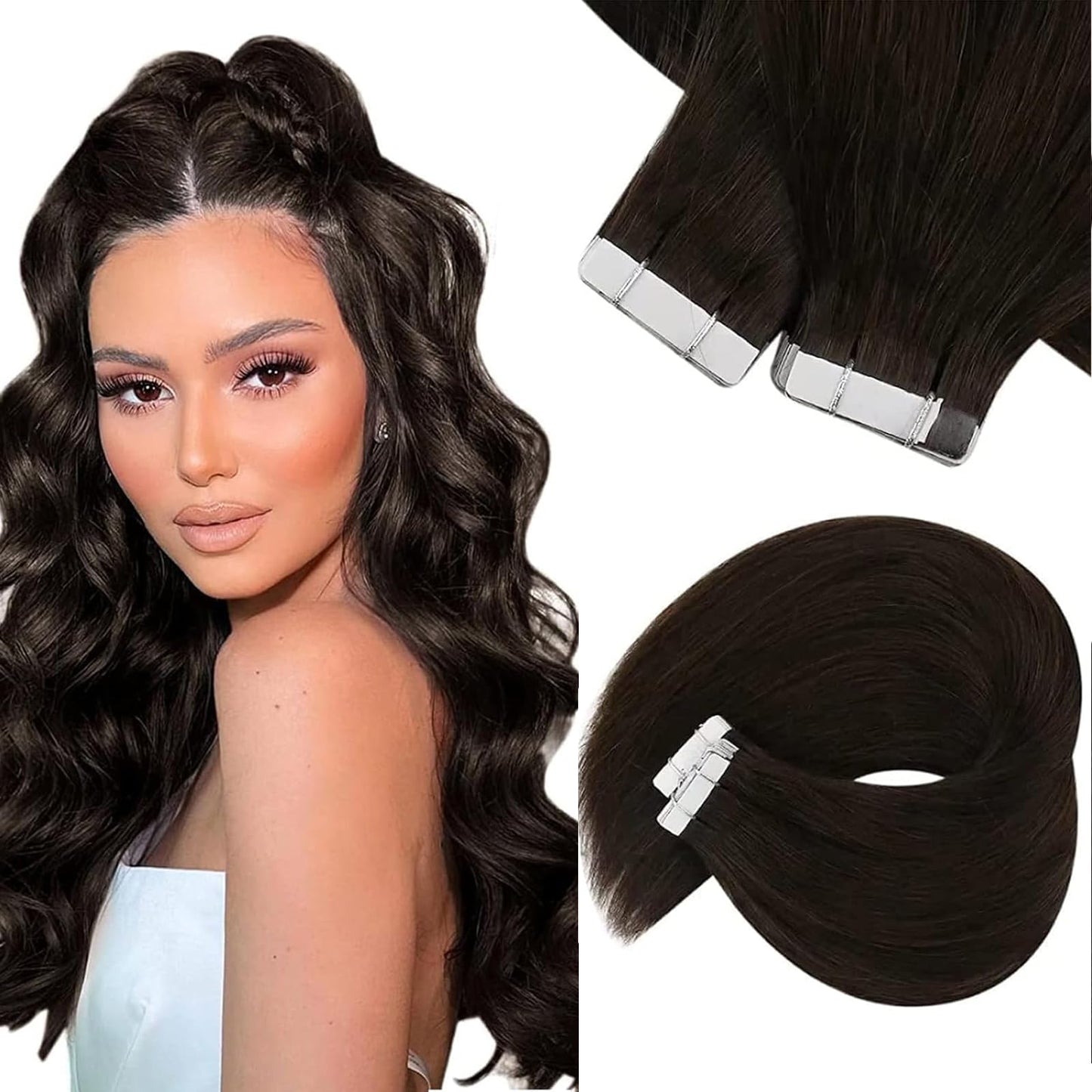 Sunny Hair Black Tape in Extensions Real Human Hair Ombre Tape in Real Human Hair Extensions Natural Black to Silver Grey Balayage Tape Human Hair Extensions Ombre Long Hair for Women 20pcs 50g 22inch