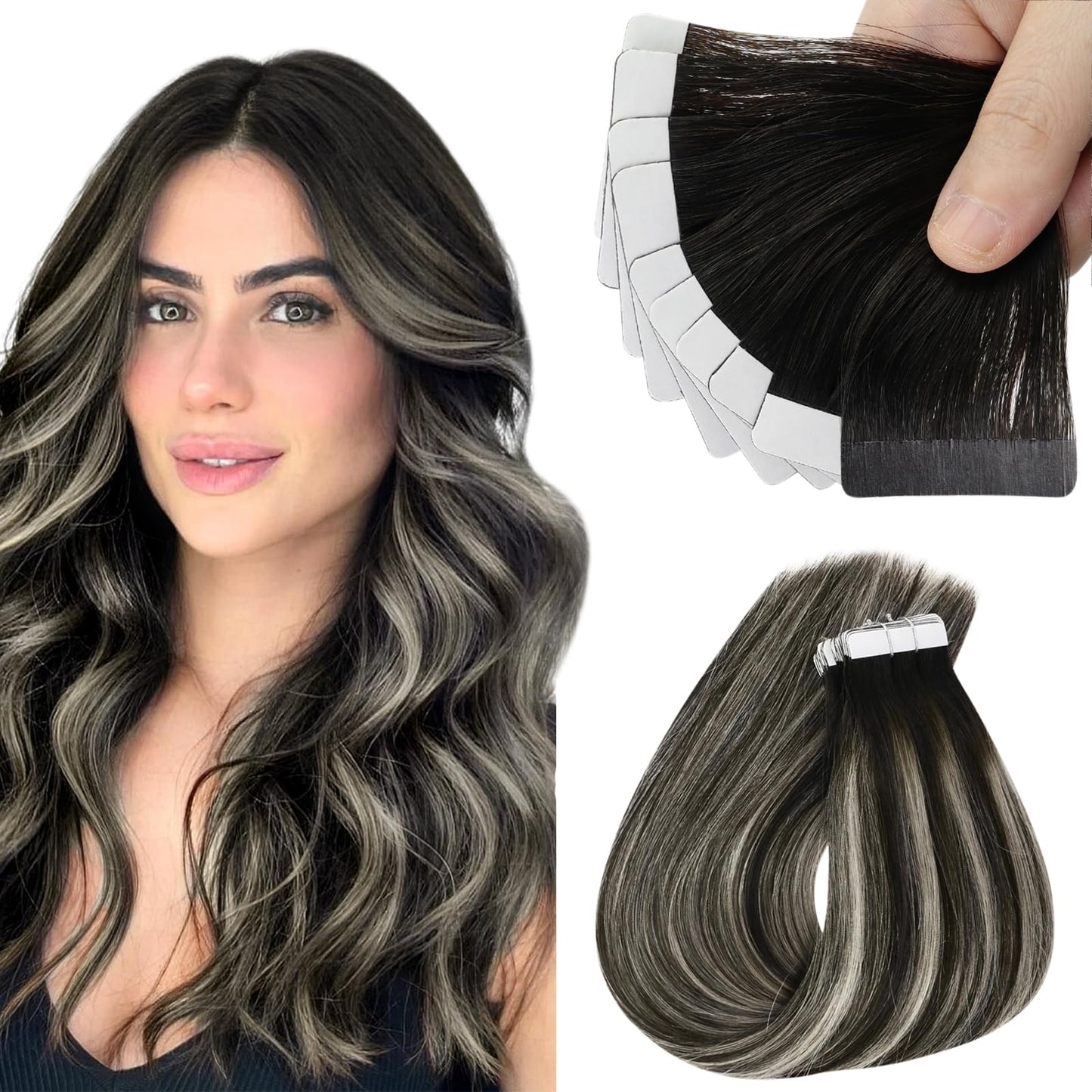 Sunny Hair Black Tape in Extensions Real Human Hair Ombre Tape in Real Human Hair Extensions Natural Black to Silver Grey Balayage Tape Human Hair Extensions Ombre Long Hair for Women 20pcs 50g 22inch