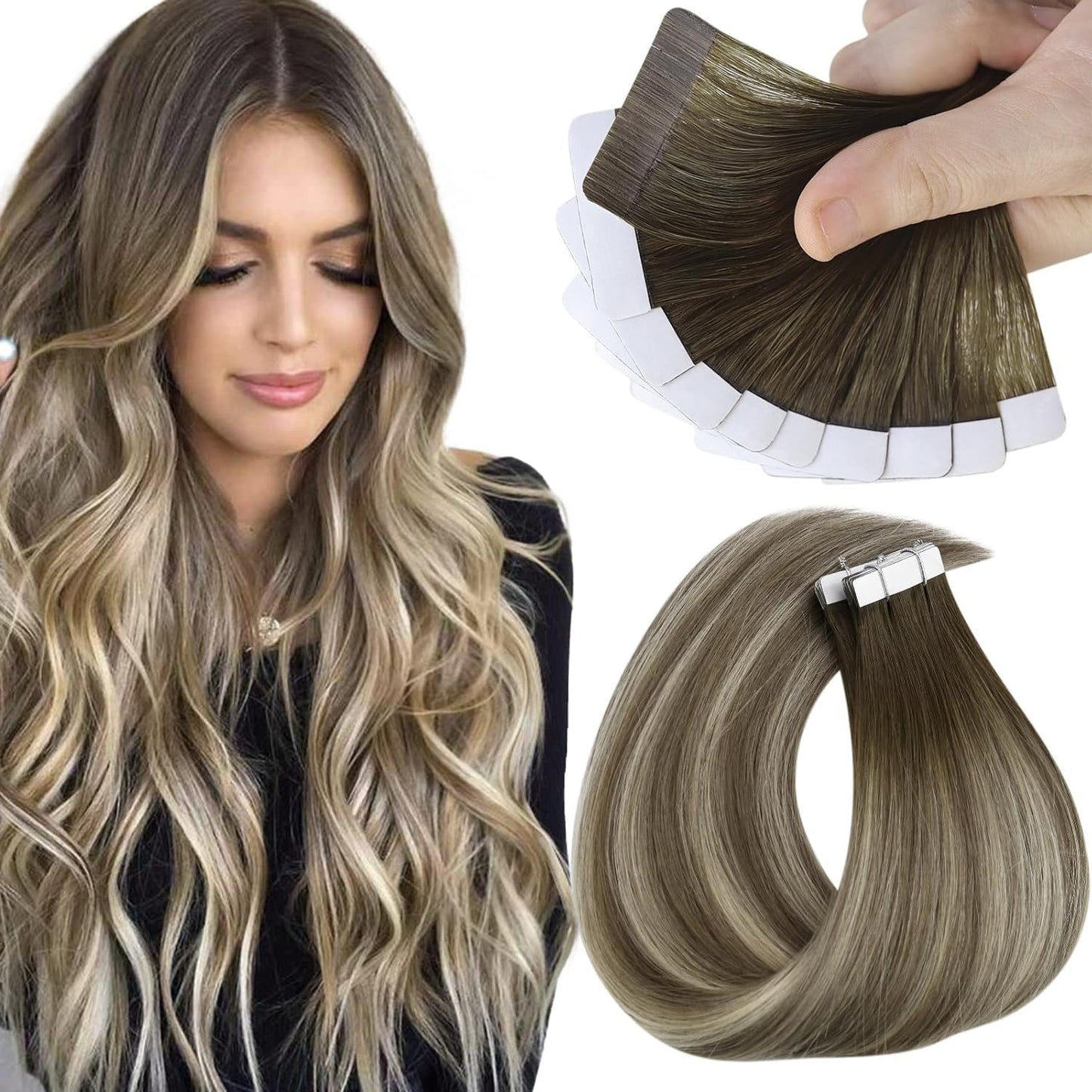 Sunny Hair Black Tape in Extensions Real Human Hair Ombre Tape in Real Human Hair Extensions Natural Black to Silver Grey Balayage Tape Human Hair Extensions Ombre Long Hair for Women 20pcs 50g 22inch