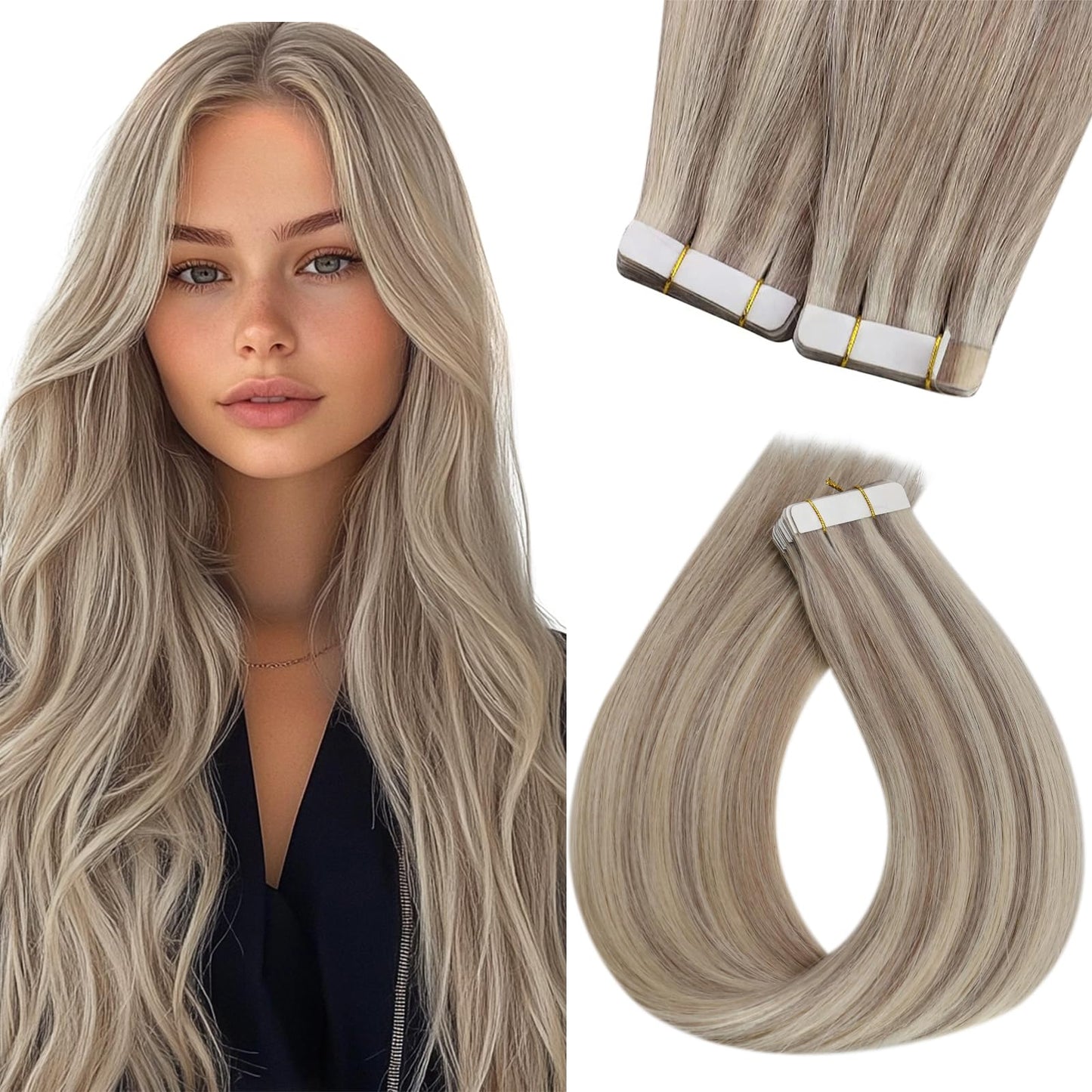 Sunny Hair Black Tape in Extensions Real Human Hair Ombre Tape in Real Human Hair Extensions Natural Black to Silver Grey Balayage Tape Human Hair Extensions Ombre Long Hair for Women 20pcs 50g 22inch