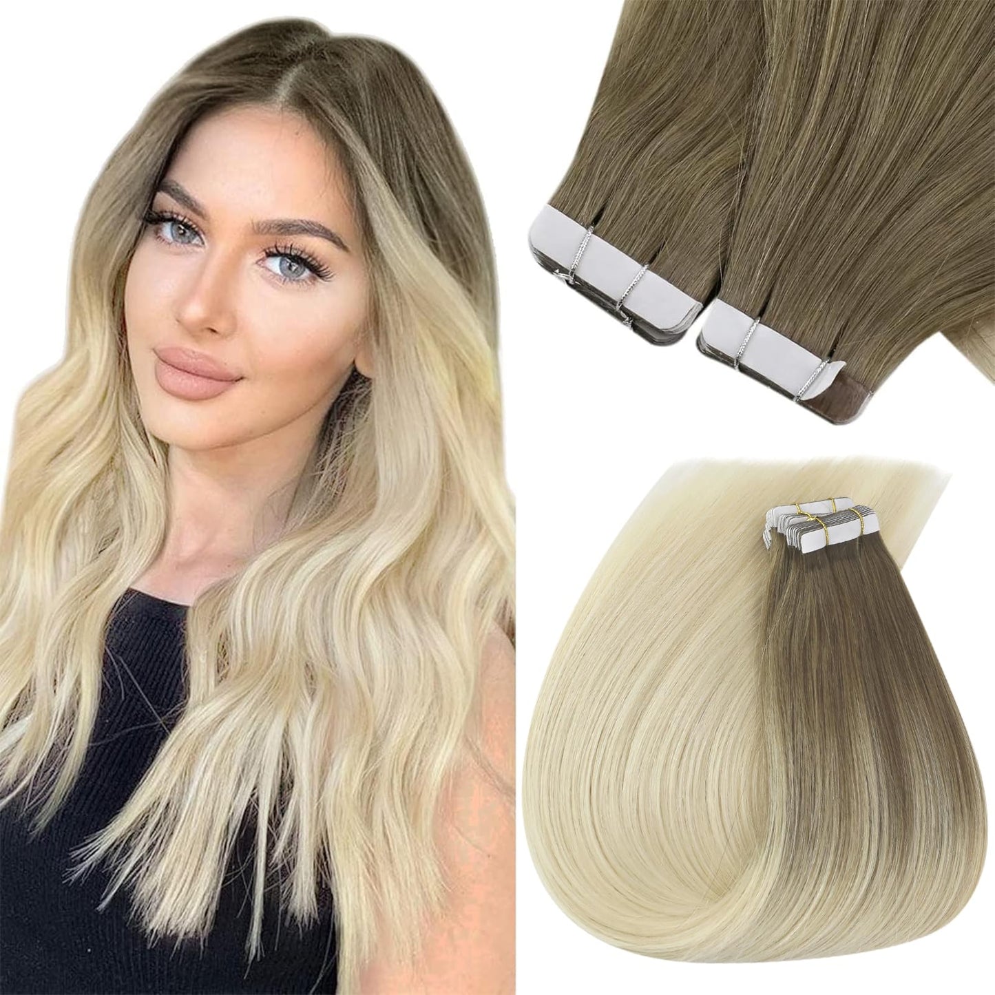 Sunny Hair Black Tape in Extensions Real Human Hair Ombre Tape in Real Human Hair Extensions Natural Black to Silver Grey Balayage Tape Human Hair Extensions Ombre Long Hair for Women 20pcs 50g 22inch