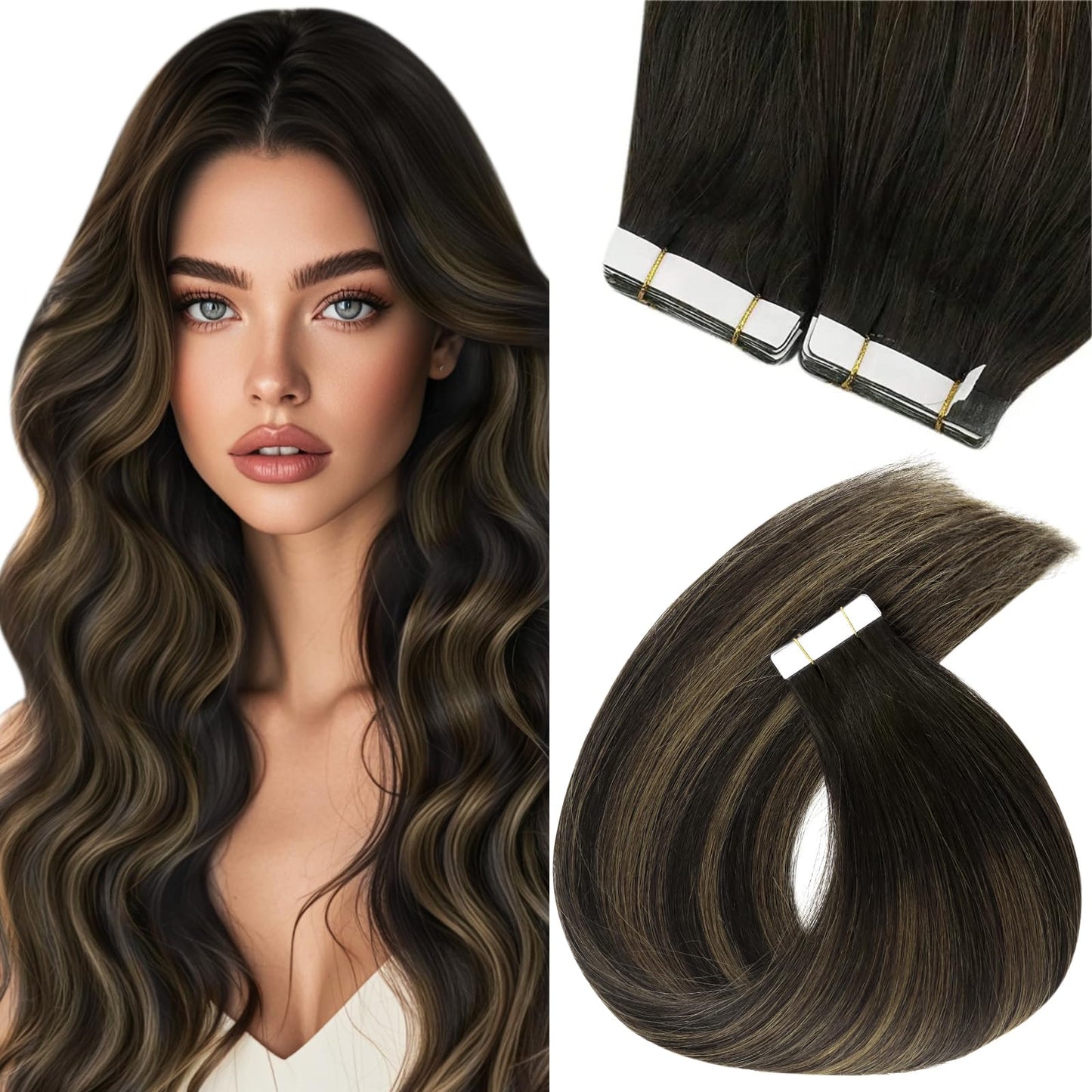 Sunny Hair Black Tape in Extensions Real Human Hair Ombre Tape in Real Human Hair Extensions Natural Black to Silver Grey Balayage Tape Human Hair Extensions Ombre Long Hair for Women 20pcs 50g 22inch