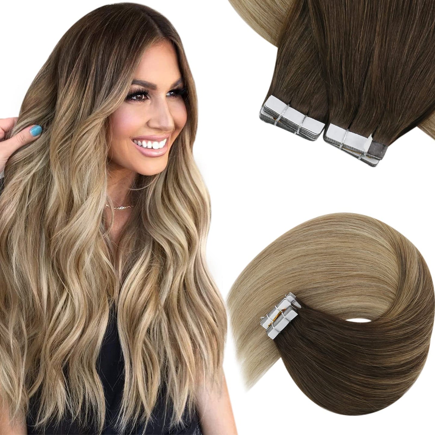 Sunny Hair Black Tape in Extensions Real Human Hair Ombre Tape in Real Human Hair Extensions Natural Black to Silver Grey Balayage Tape Human Hair Extensions Ombre Long Hair for Women 20pcs 50g 22inch