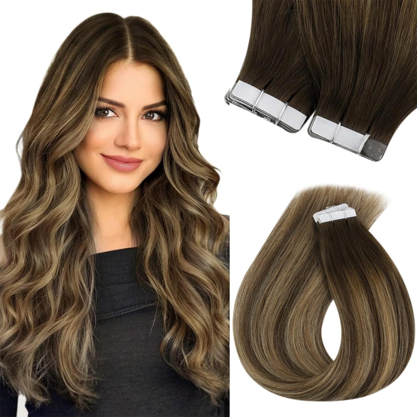 Sunny Hair Black Tape in Extensions Real Human Hair Ombre Tape in Real Human Hair Extensions Natural Black to Silver Grey Balayage Tape Human Hair Extensions Ombre Long Hair for Women 20pcs 50g 22inch