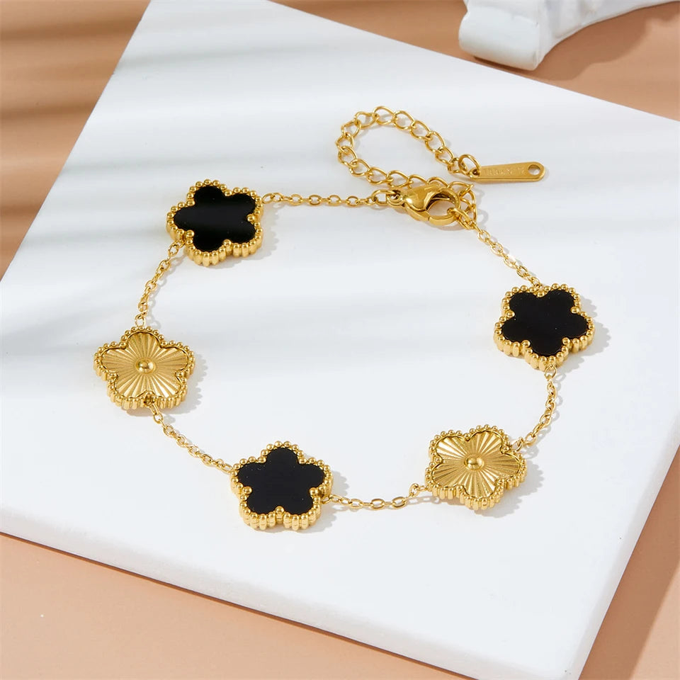 ZAKOL Cute Romantic Lucky Five Leaf Clover Flower Bracelets For Women Girls Gold Color Y2K Chain Link Wristlet Jewelry Gifts